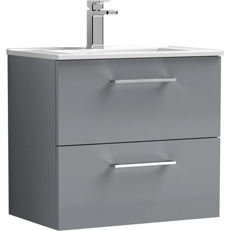 Nuie Arno Satin Grey 600mm Wall Hung 2 Drawer Vanity Unit and Minimalist Ceramic Basin - ARN2224B (1/2)