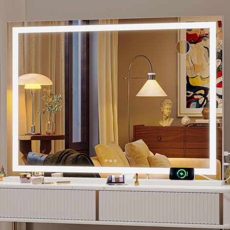 Hasipu Kosmetikspiegel mit Beleuchtung, 105 x 75cm LED Schminkspiegel, Beleuchteter Schminkspiegel mit dimmbaren 3 Modi, Touchscreen Steuerung Kosmetikspiegel Weiß