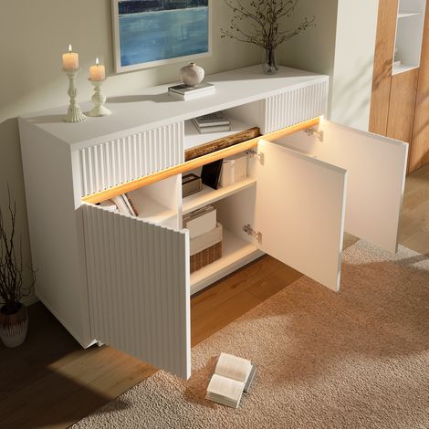 AMXCNOY Buffet blanc avec éclairage LED, 140 x 40 x 85 cm, commode à 2 tiroirs et 3 portes, meuble avec étagères réglables, meuble de salon moderne, meuble d'entrée, meuble de cuisine