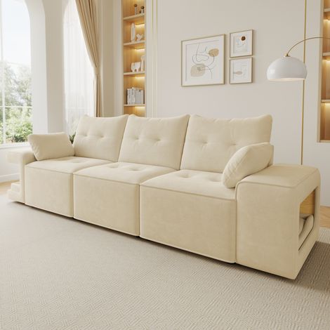 Canapé modulable 3 places, avec rangement et niches pour animaux, en velours, beige (1/5)