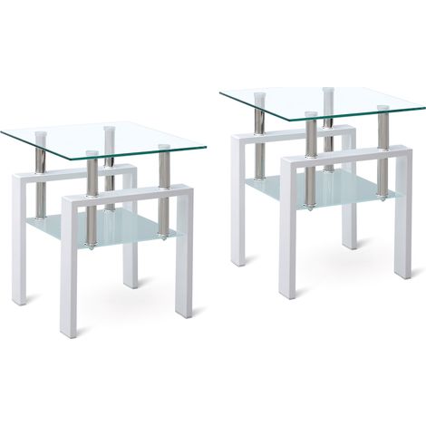2 pieces White Tempered Clear Glass End Table, 2-Layers Small Table with Storage, Living Room Side Table (1/5)