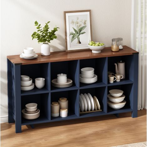 Aparador 140x34x75 cm de MDF azul con 8 compartimentos abiertos para cocina y salón – MEUBLIV (1/5)
