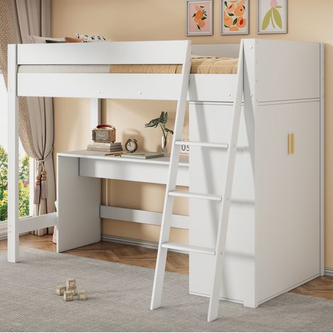 Cama alta infantil con escritorio y armario 90x200 OKMYHOME