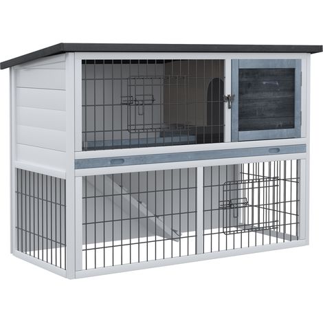 PawHut 2-Tier Wooden Rabbit Hutch Guinea Pig House w/ Ramp Openable Roof Grey (1/5)