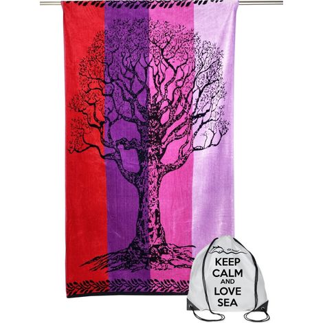 TELO MARE in spugna puro cotone ALBERO DELLA VITA ROSSO e VIOLA misura grande cm. 90 X 170 e zaino spiaggia