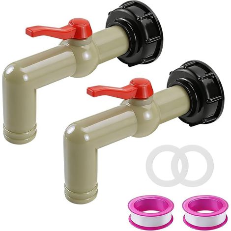 Ortviai Lot de 2 Robinets Cuve 1000L - Raccord Cuve 1000 Litres Plastique S60x6 (60mm) - Valve d'Écoulement Droite à 90° Version Allongée et Épaisse 1" - Pour Récupérateur d'Eau de Pluie Jardin