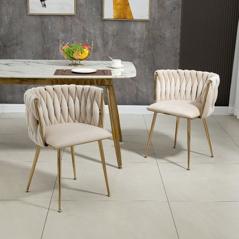 Samt Esszimmerstuhl 2er Set mit goldenen Metallbeinen, gepolsterter Wohnzimmersessel mit handgewebter Rückenlehne, Tragkraft 150kg, 55,5x41x74 cm (1/5)