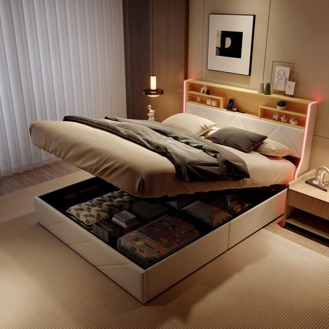 Lit 160x200cm - Lit Coffre Double avec Sommier et Tête de Lit LED RVB, Chargeur USB/USB-C - Cuir PU Blanc (1/5)
