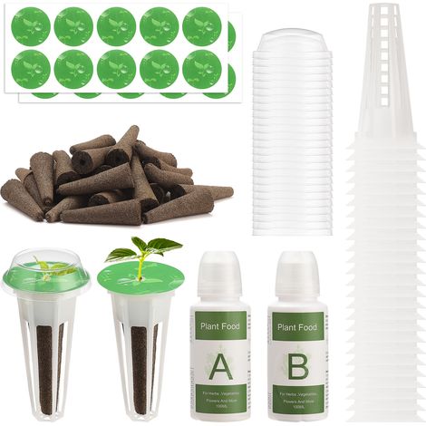 Kit de cultivo hidropónico: Kit hidropónico completo con 25 bandejas, 25 esponjas, 25 tapas, 25 etiquetas y 2 paquetes de recarga para una siembra sencilla. (1/5)