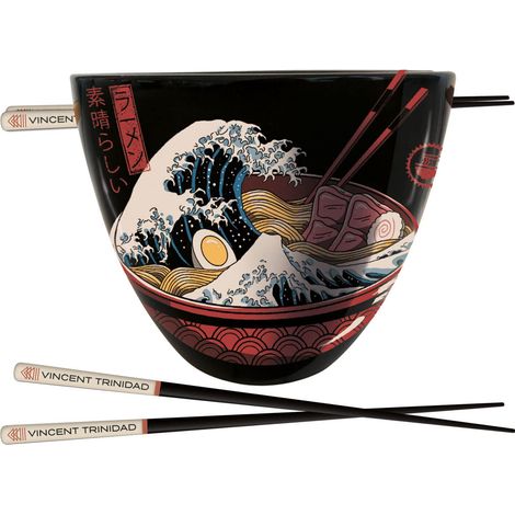 Ensemble de ramen avec bol et baguettes design Great Wave Bol en céramique 532 ml, paire de baguettes en bois laqué (1/2)