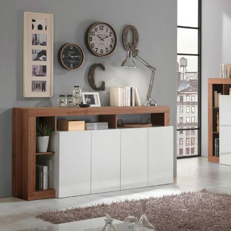 Buffet HAMBURG – Blanc laqué brillant / Bois Mercure (1/5)