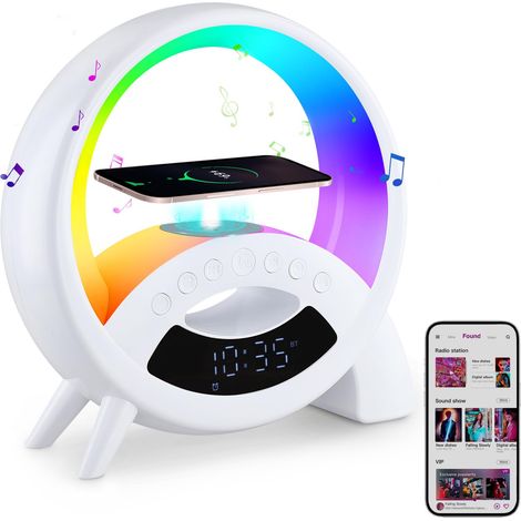 Reveil Lumineux Intelligente Lampe Ambiance, Lampes de Réveil Lumière avec Charge sans Fil,Haut-Parleur Bluetooth & Bruit Blanc, Simulateur D'aube, Reveil Connecté Lumière