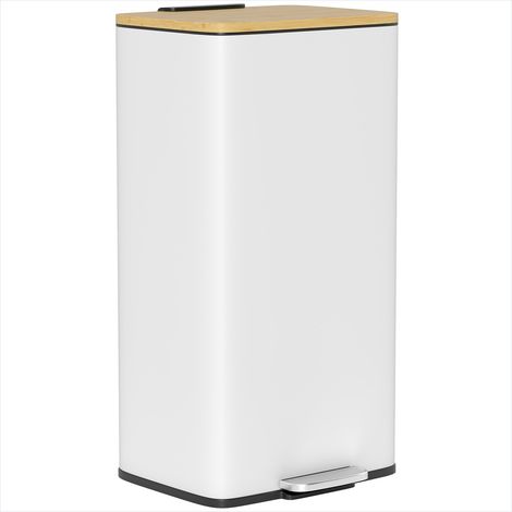 Poubelle de cuisine 20 L rectangulaire en métal blanc et bambou, pédale et couvercle à fermeture amortie (1/5)