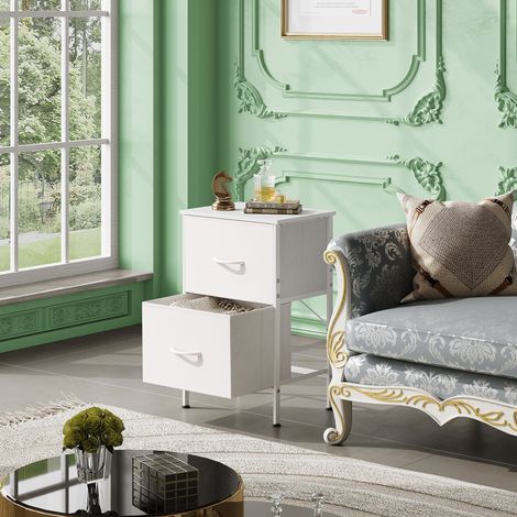 Commode à 2 tiroirs, tiroirs en tissu avec glissières coulissantes, table de chevet pour chambre, petite table d'appoint avec structure en métal, entrée, salon, chambre d'enfant, table de nuit, blanch (1/5)