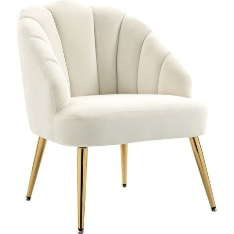 Poltrona velluto imbottita schienale conchiglia gambe acciaio camera salotto 63x65x84cm crema