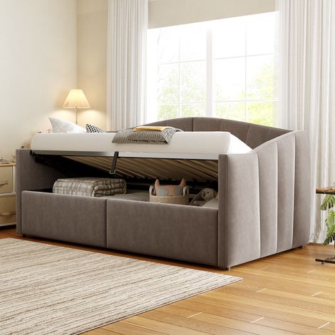 Canapé convertible 90x200 cm, gris velours doux, sommier intégré, coffre de rangement hydraulique, accoudoirs, motif rayé classique, lit simple multifonction (1/4)