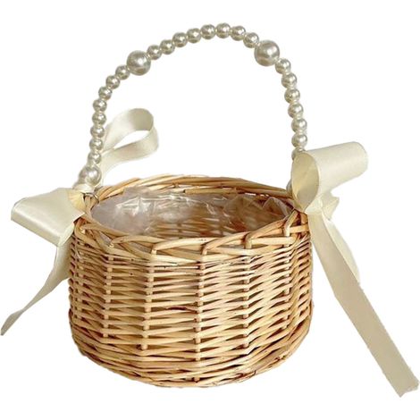 Blumenkorb mit Perlengriff, runder Aufbewahrungskorb aus Rattan für Hochzeiten (1/2)
