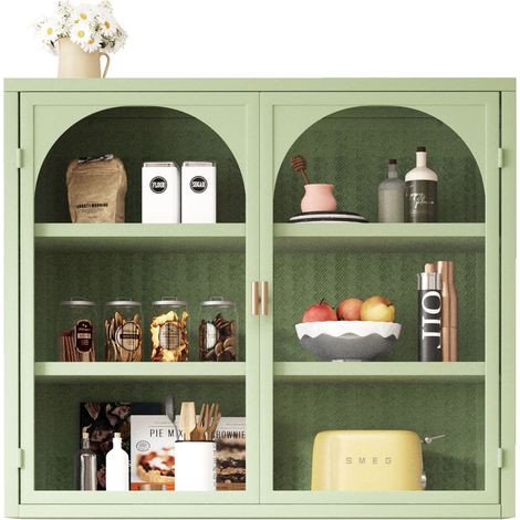 Armoire murale moderne à 2 portes vitrées de 70 cm avec rangement à trois niveaux – Motif tressé décoratif, idéale pour entrée, salon, salle de bain et salle à manger, verte (1/5)
