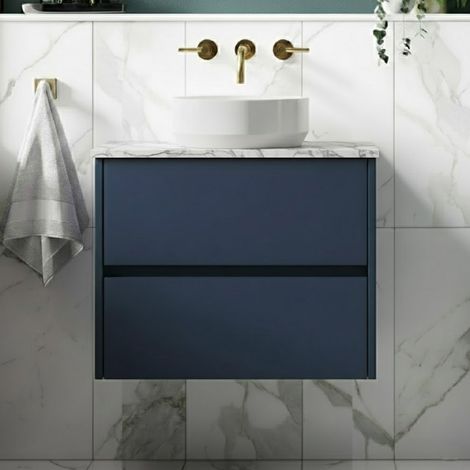 Havana Wall Hung 2-Drawer Vanity Unit with Carrera Marble Worktop 600mm Wide - Midnight Blue (1/5)