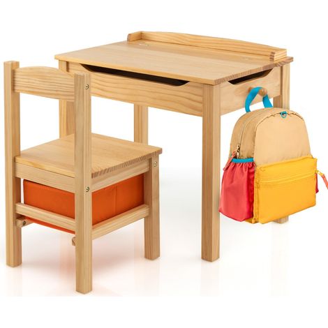 Conjunto de mesa y sillas infantiles 59 x 40 x 55 cm con espacio de almacenaje diseño ergonómico en madera maciza natural 200014090