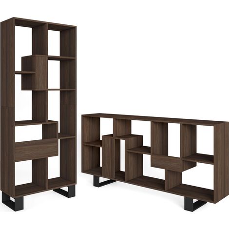 Skraut Home - Libreria scaffale, Scaffali in legno a ripiani, 67x31x174cm, Design industriale, Stile moderno, Rovere scuro (1/5)