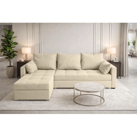 AX LIVING Ecksofa ELIF Creme mit Schlaffunktion L-Form, Sofa mit Bettkasten - Moderne Ecksofa, Wohnzimmer Ecksofa - Eckcouch Creme - Links