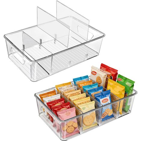 Boîte de rangement empilable à 4 compartiments récipient en plastique transparent avec séparateurs amovibles, idéal pour organiser le garde-manger ou le bureau lot de 2. (1/5)