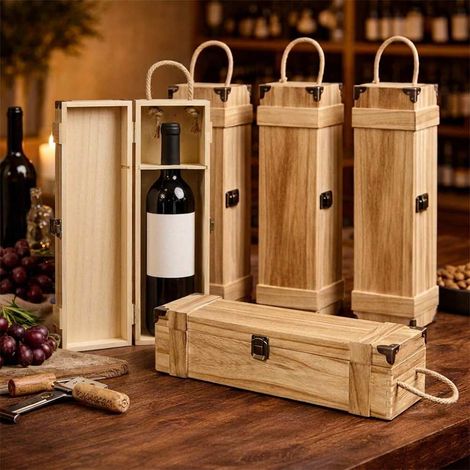 5 boîtes en bois pour une bouteille avec poignée et bouchon en métal