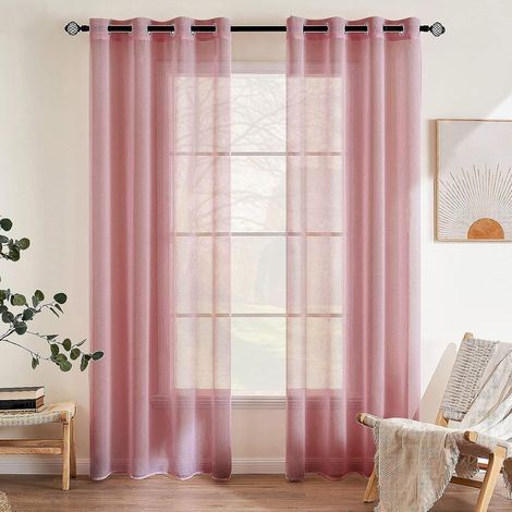 Couleur Pure Rideaux De Fenêtre Transparents Lisse Panneaux Voile De Fenêtre Rideaux Élégant Traitement pour Chambre Salon Rideaux à Oeillets 2 Panneaux 140x145cm Rose Sale (1/5)