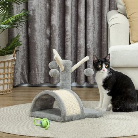 Rascador para gatos con cueva, 2 pelotas, 40 cm, gris claro HAVRYA (1/5)