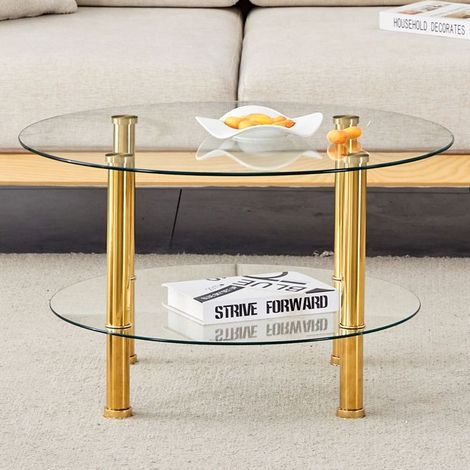 Table basse ronde - WESTYLE - Double niveau - Plateaux verre trempé - Pieds métal doré/argenté - Ø 70/60 cm (1/5)