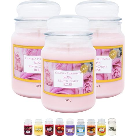 Candele profumate in vetro giara da 510 grammi - 3 giare grandi - Profumazione Rosa (1/5)