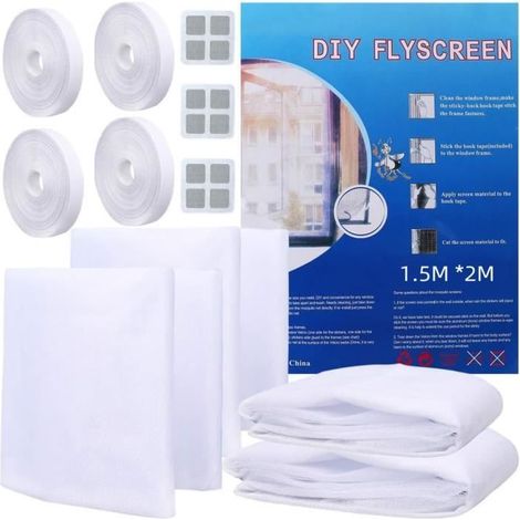 Lot de 4 moustiquaires 150 x 200cm avec 4 Auto-Rubans Adhésifs et 3Pcs Patchs de Réparation - Blanc (1/4)