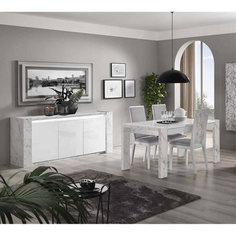 PRAVA - Ensemble Séjour Blanc et Effet Marbre Table 160cm + Buffet avec Leds (1/5)
