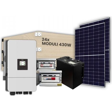 KIT Fotovoltaico Trifase 10kW con Inverter Ibrido, 24 Moduli 400W TIER-1 (9.6kW) Full Black con Accumulo LFP 10kWh e Quadri DC 2/2 e AC 1/1 10kW