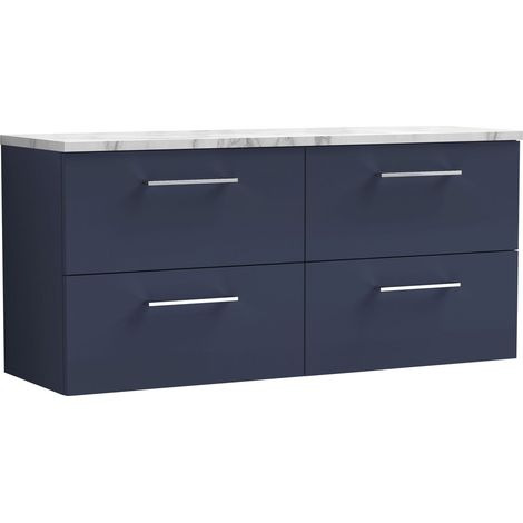 Nuie Arno Wall Hung 4-Drawer Vanity Unit with Carrera Marble Worktop 1200mm Wide - Midnight Blue (1/4)