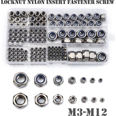 Assortiment de verrouillage 165 PCS, écrous de verrouillage en acier inoxydable, m3 m4 m5 m5 m8 m8 m10 m12 inserts filetés ensemble d'écrou hexagonal, écrous de verrouillage en nylon assorti (1/5)