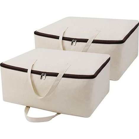 Lot de 2 sacs de rangement en toile de coton naturelle respirante avec poignées et fermeture à glissière sur 3 côtés, parfaits pour les vêtements, les couvertures, les couettes et les oreillers (1/5)