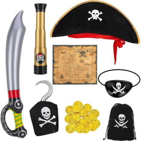 Set di 8 pezzi per costume da pirata per bambini, accessori per travestimento da pirata con cappello a teschio, stinchi incrociati, benda sull'occhio, spada, mappa del tesoro, telescopio gonfiabile e