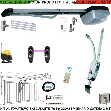 Basculante 70 Kg Kit Automatismo Motore 220/24 V da Soffitto Faro Antenna Selettore Binario Alluminio Catena Acciaio 3 Metri Cordino Sblocco Pattino Archetto Oscillante Radiocomando Luce di Cortesia (1/4)