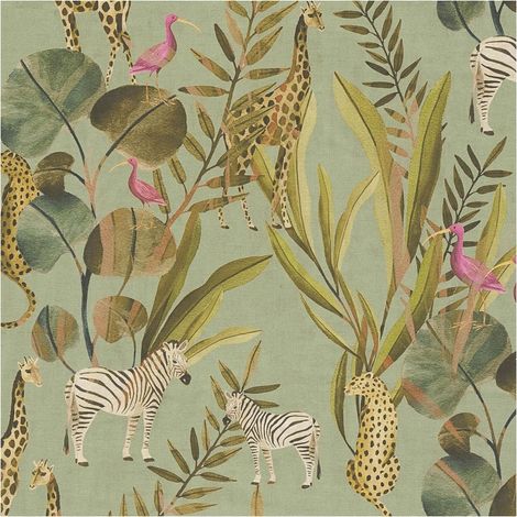 Empapelado con dibujo animales Profhome 782181 papel pintado vinílico estampado en caliente tejido non tejido liso de diseño exótico mate verde fucsia pardo beige blanco crema 5,33 m2 (1/5)