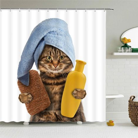 Rideau de douche amusant avec crochets, imperméable, décoratif, motif chat et chien 3D, 240 x 180 cm, rideau de douche créatif et personnalisé