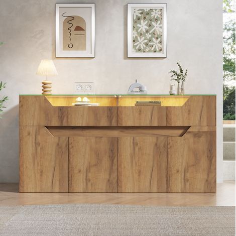 Aparador con bandeja de vidrio templado, 140x40x70 cm, 2 cajones y puertas, en MDF, decoración madera natural (1/5)