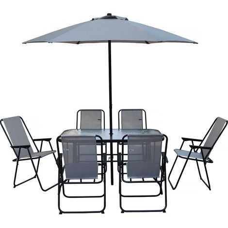 Gartentisch und -stühle mit Sonnenschirm aus Metall "Convivia" - 6 Plätze - Hellgrau