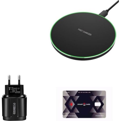 Ensemble : chargeur sans fil ultra-fin à charge rapide 15 W, chargeur réseau rapide 3.0 18 W, carte de protection sans contact RFID et NFC (3 pièces) (1/5)
