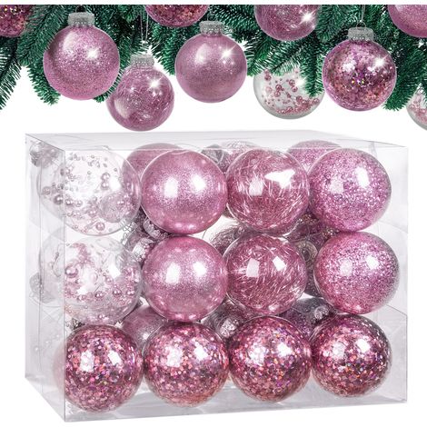 CASARIA® Christmas Baubles 24-Piece Set Shatterproof Transparent Plastic Ornaments Customisable Ideal for Tree Decorations and Festive Home Décor 6cm Pink (de)