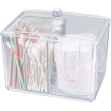 PA Boîte à cotons-tiges en acrylique avec couvercle, idéale pour ranger cotons-tiges, cosmétiques et produits de salle de bain. (1/4)