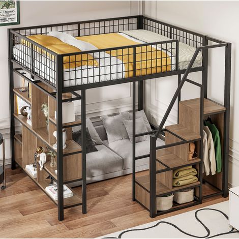 Letto a soppalco 204x193x170 cm, con scala contenitore e vani portaoggetti, metallo e legno, nero (1/5)