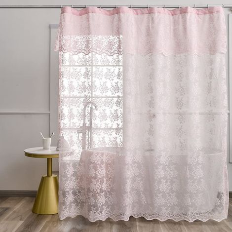Rideau de douche en dentelle rose – Rideau de douche vintage avec cantonnière attachée, rideau de bain en dentelle florale pour salle de bain, style rustique shabby chic, bord festonné, 183 (1/5)