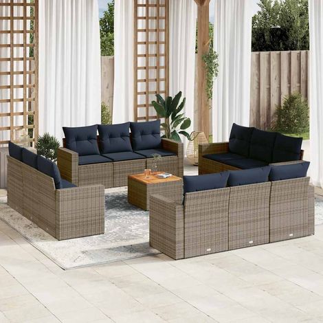 Salon de jardin 13 pièces avec rangement, résine tressée grise et coussins bleu marine, 110.7kg - PANGIVO (1/5)